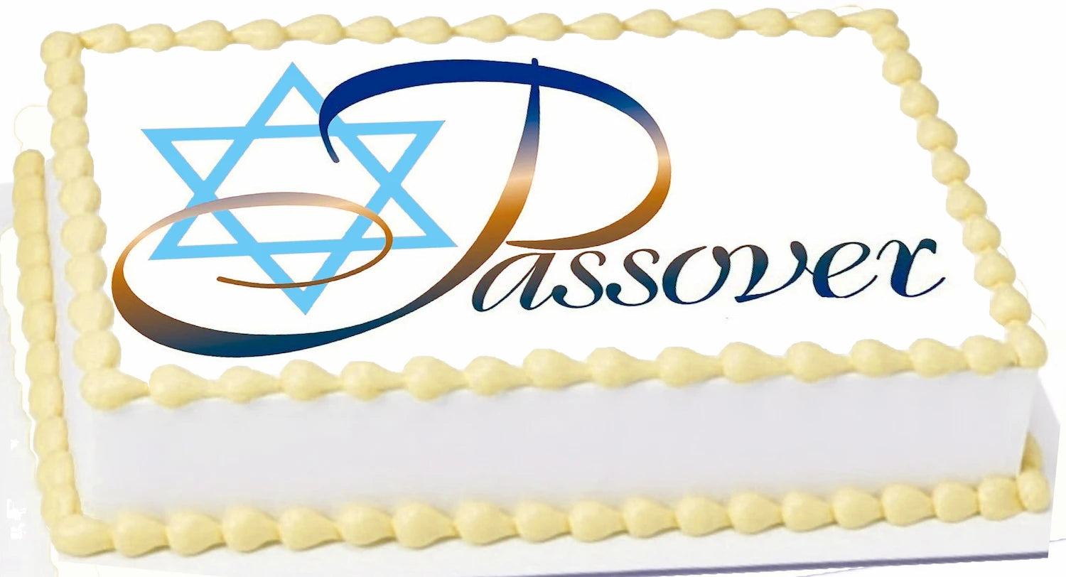 Passover-themed cake topper with Star of David and 'Passover' text on an edible image