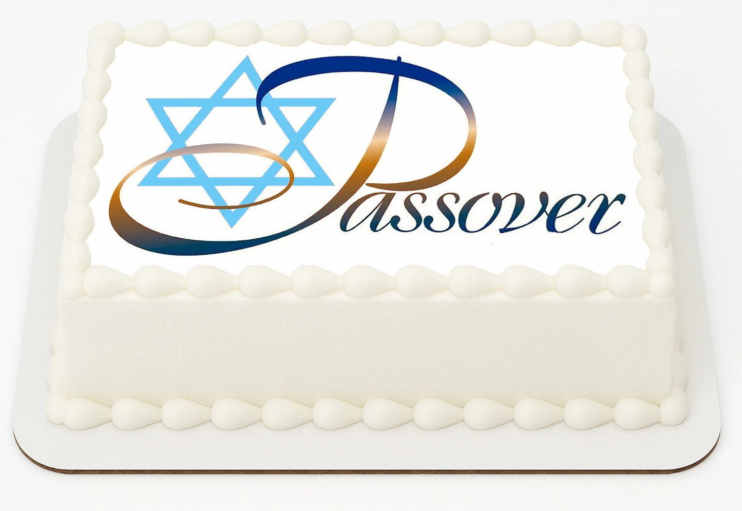 Sheet cake topper with Passover design featuring a Star of David and the word 'Passover' edible image.