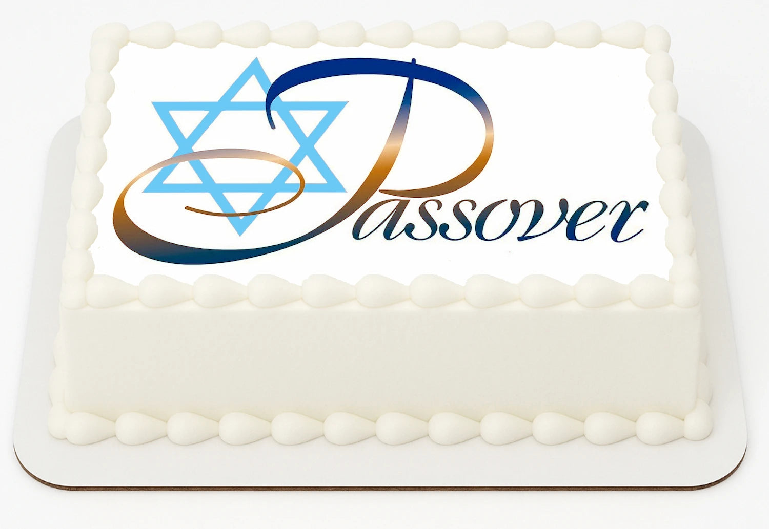 Sheet cake topper with Passover design featuring a Star of David and the word 'Passover' edible image.