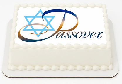 Sheet cake topper with Passover design featuring a Star of David and the word 'Passover' edible image.