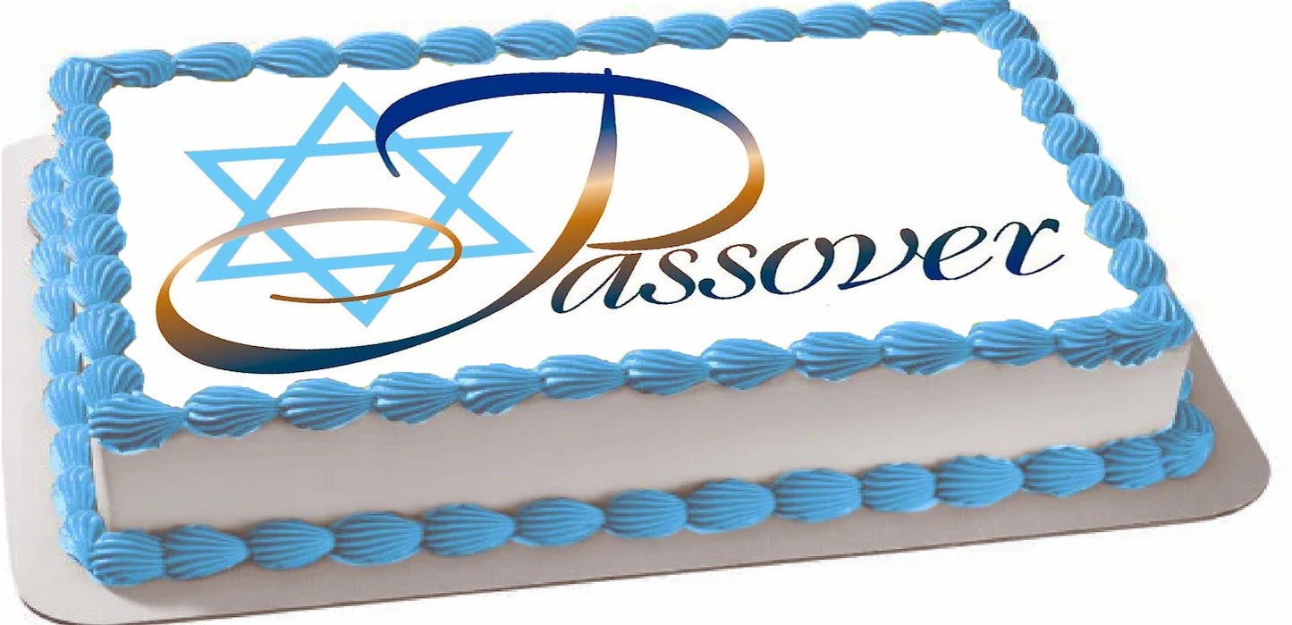 Passover-themed cake topper with blue Star of David and  'Passover' text edible image.