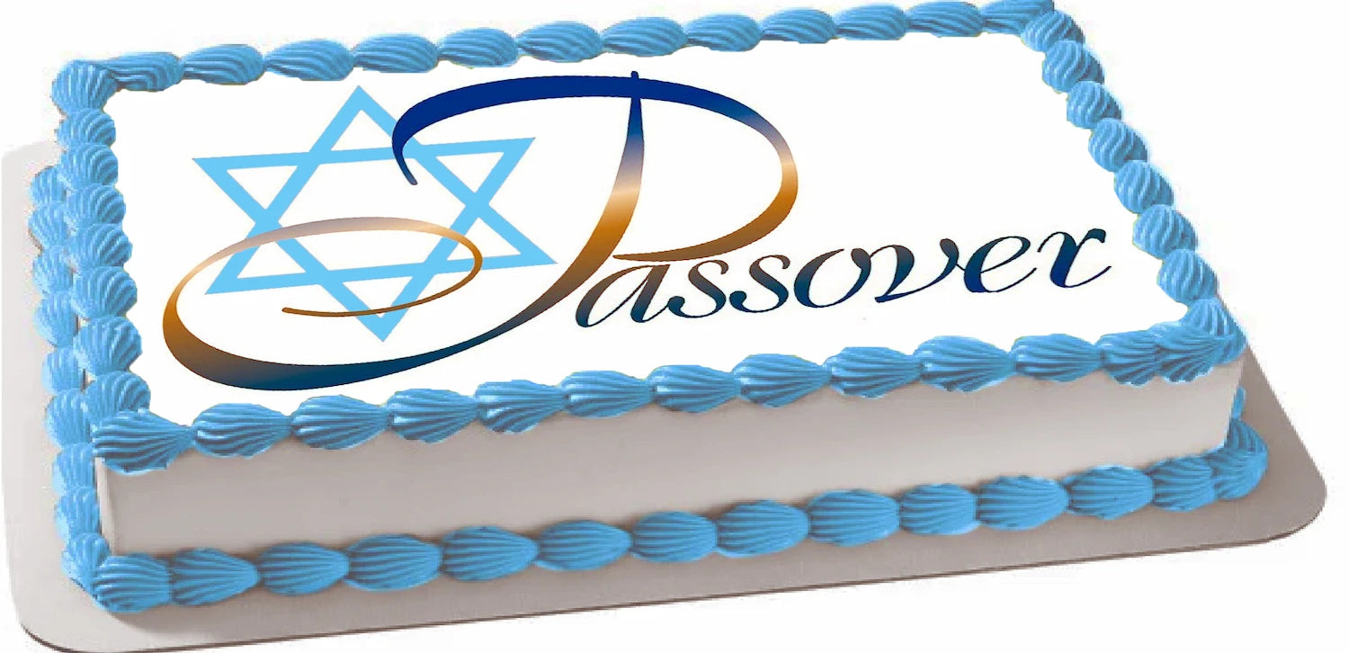 Passover-themed cake topper with blue Star of David and  'Passover' text edible image.