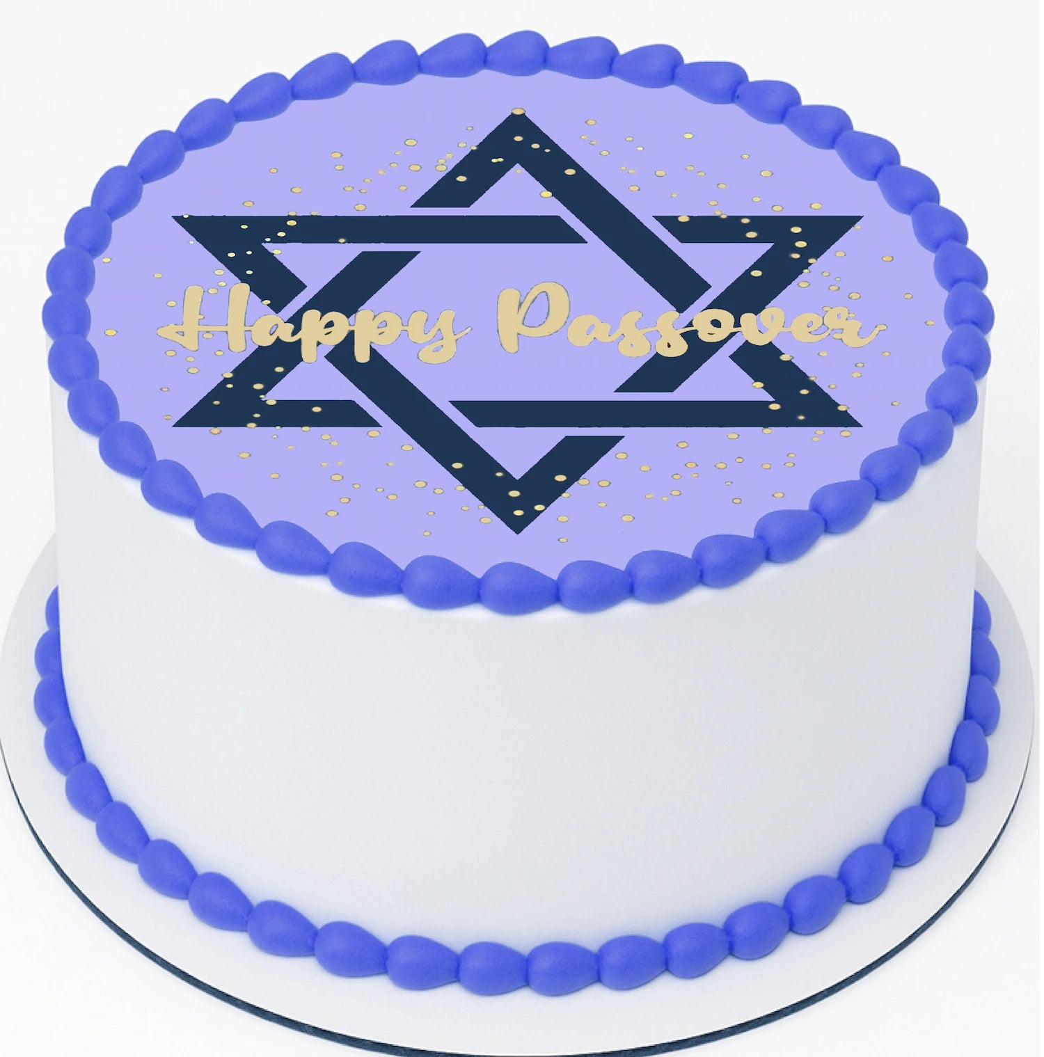 Cake  topper with 'Happy Passover' text and Star of David design on a edible image