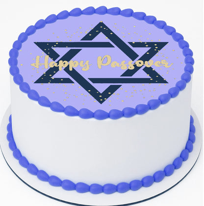 Cake  topper with 'Happy Passover' text and Star of David design on a edible image