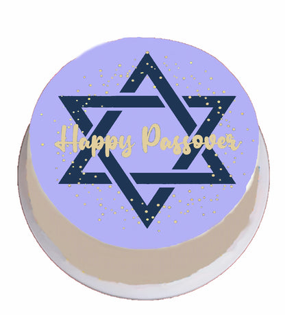 Round cake topper with a Star of David and 'Happy Passover' text on a edible image