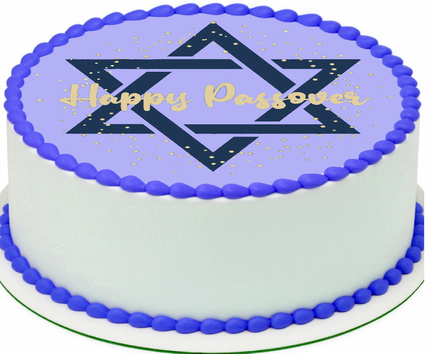 Cake topper with a Star of David and 'Happy Passover' text on a edible image
