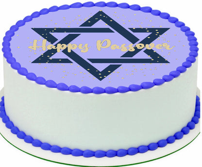 Cake topper with a Star of David and 'Happy Passover' text on a edible image