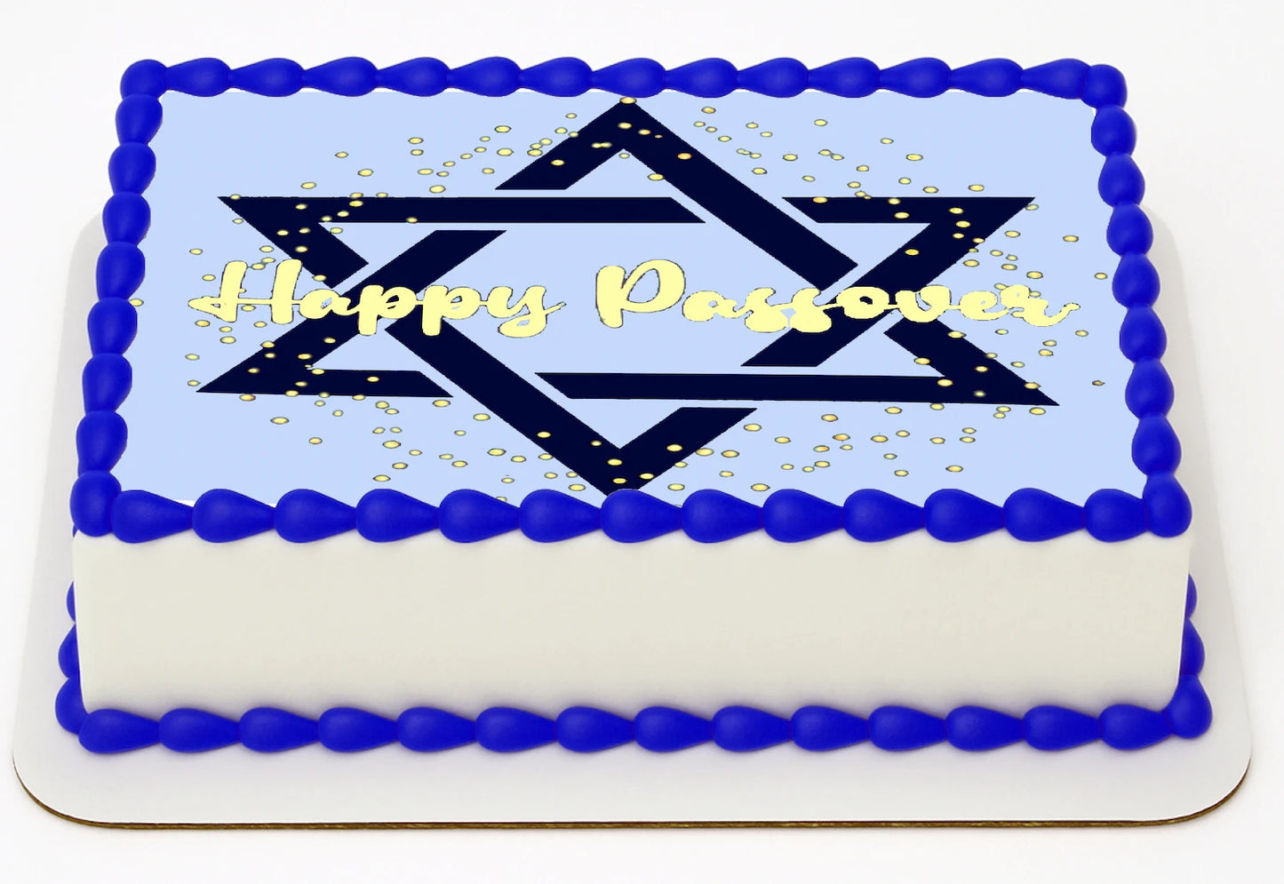 Sheet cake topper with Star of David and 'Happy Passover' text edible image