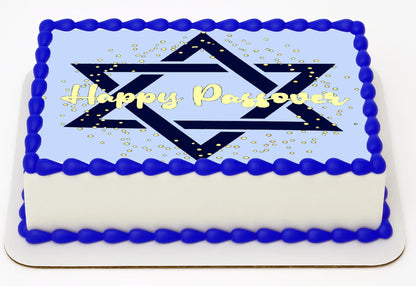 Sheet cake topper with Star of David and 'Happy Passover' text edible image