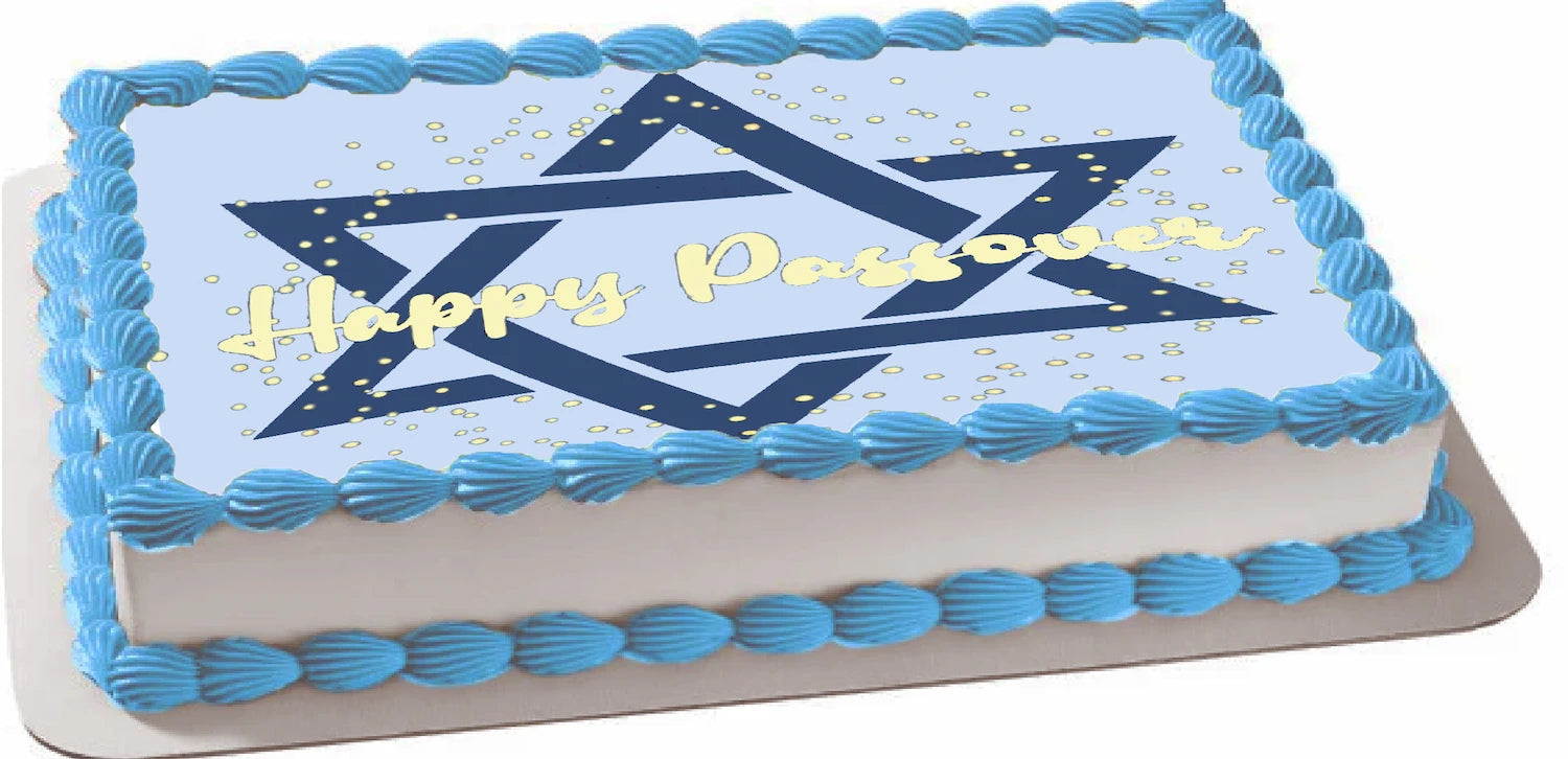 Passover cake topper with Star of David and 'Happy Passover' text on an edible image