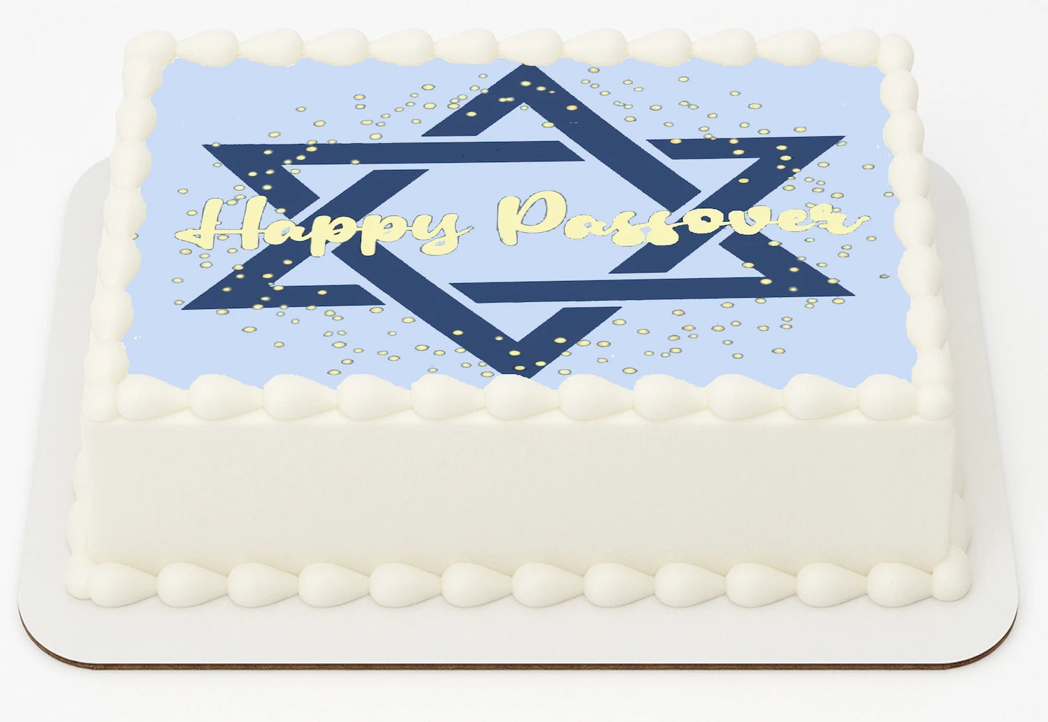 Sheet cake topper  with 'Happy Passover' text and Star of David design on edible image