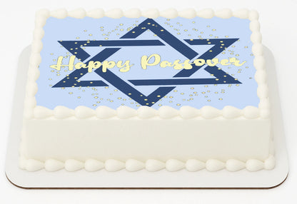 Sheet cake topper  with 'Happy Passover' text and Star of David design on edible image
