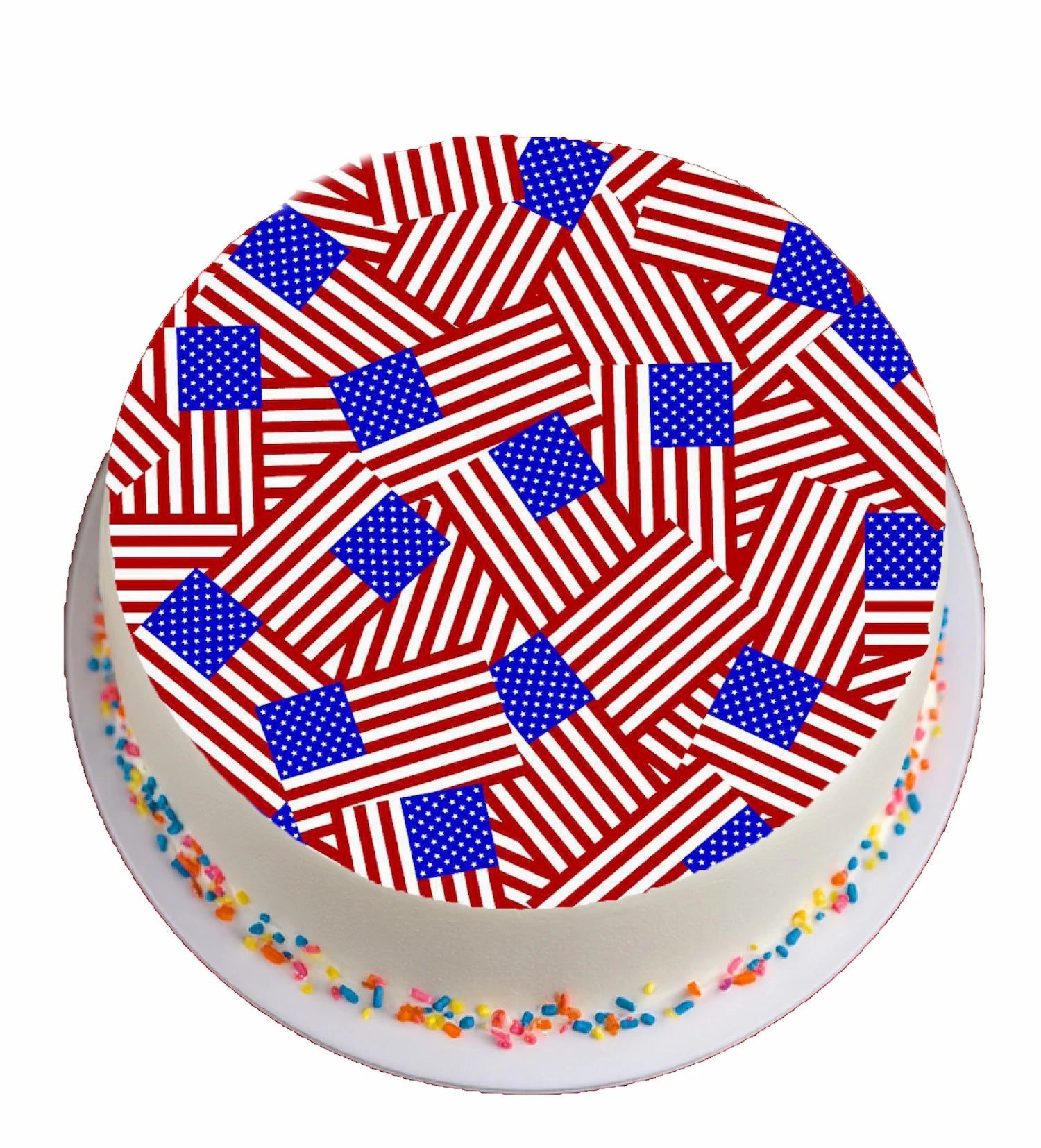 Cake with American flag pattern on a white background