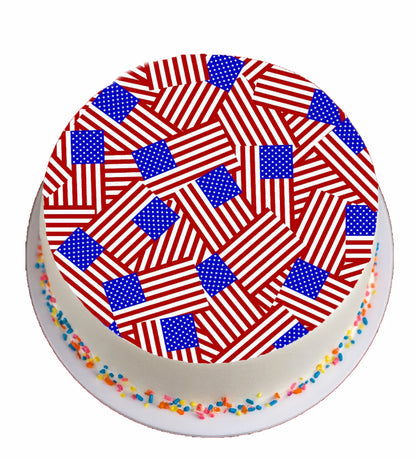 Cake with American flag pattern on a white background