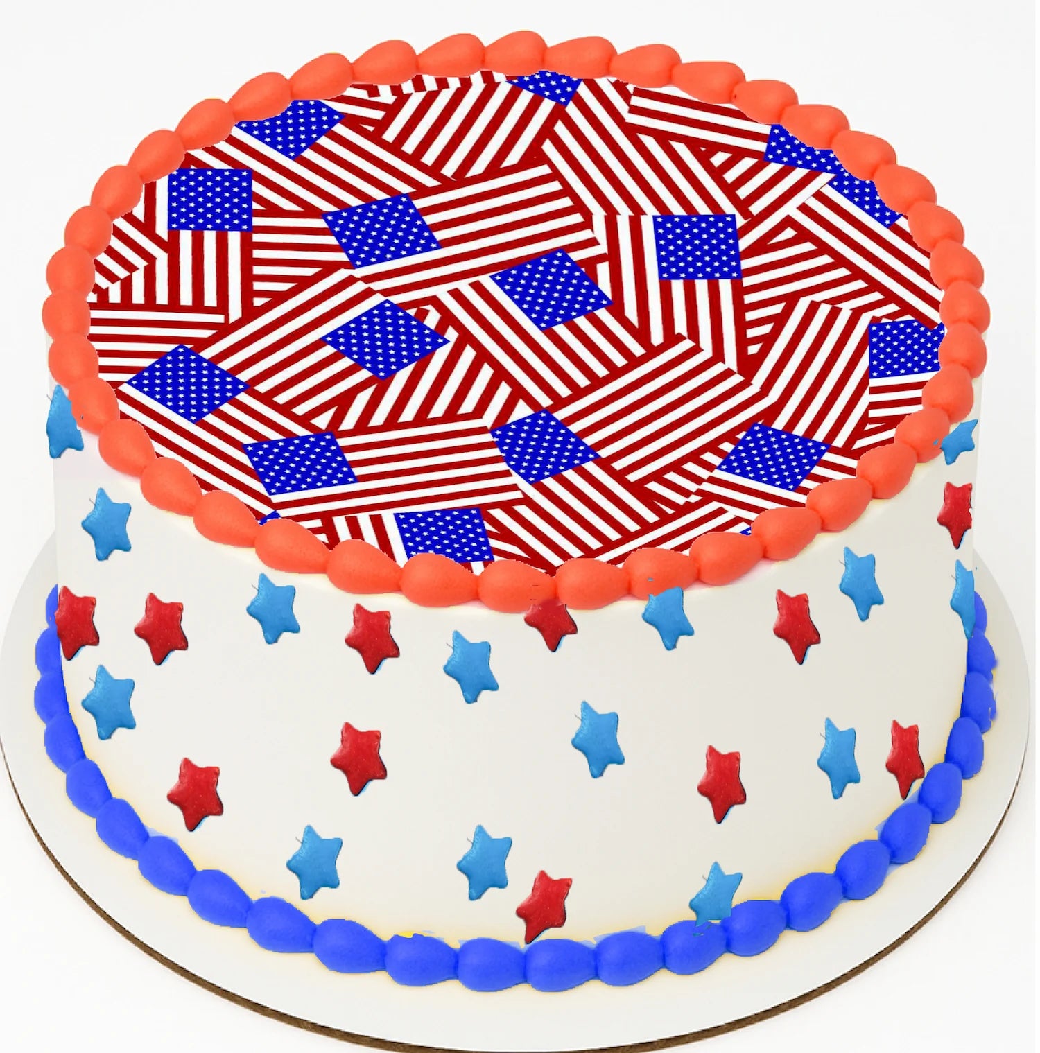 Cake with American flag design and star patterns on a white background
