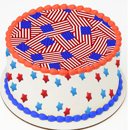 Cake with American flag design and star patterns on a white background