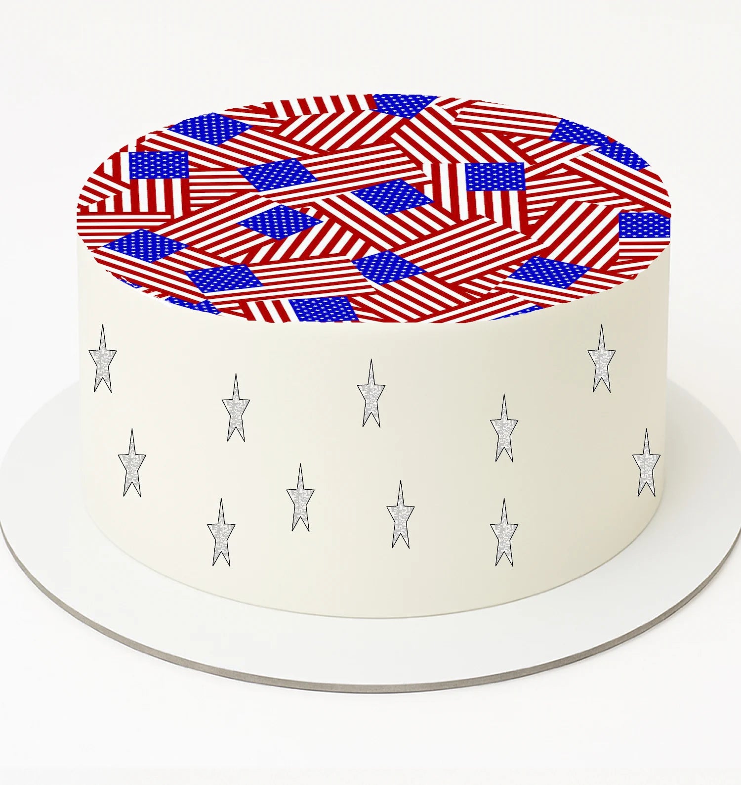 Cake with red, white, and blue geometric pattern on top