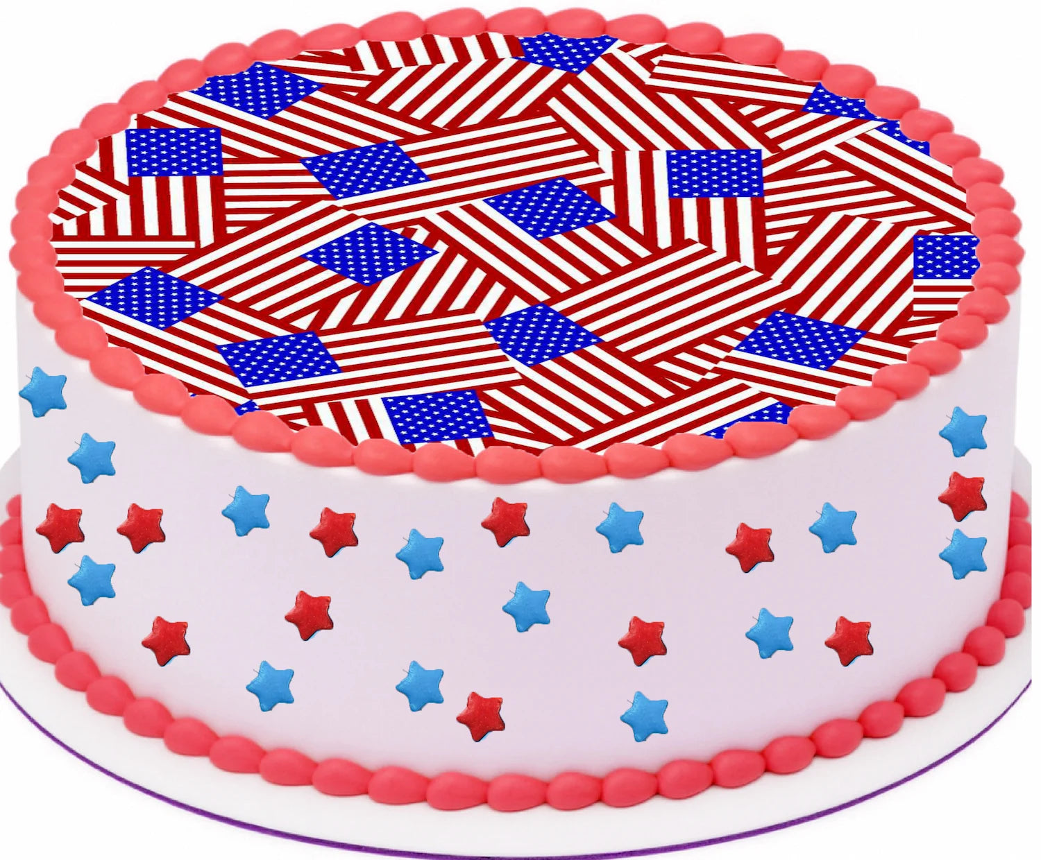 Cake with American flag design on top and stars on the sides