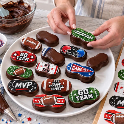Decorated peanut-shaped cookies topped with custom photo edible icing images