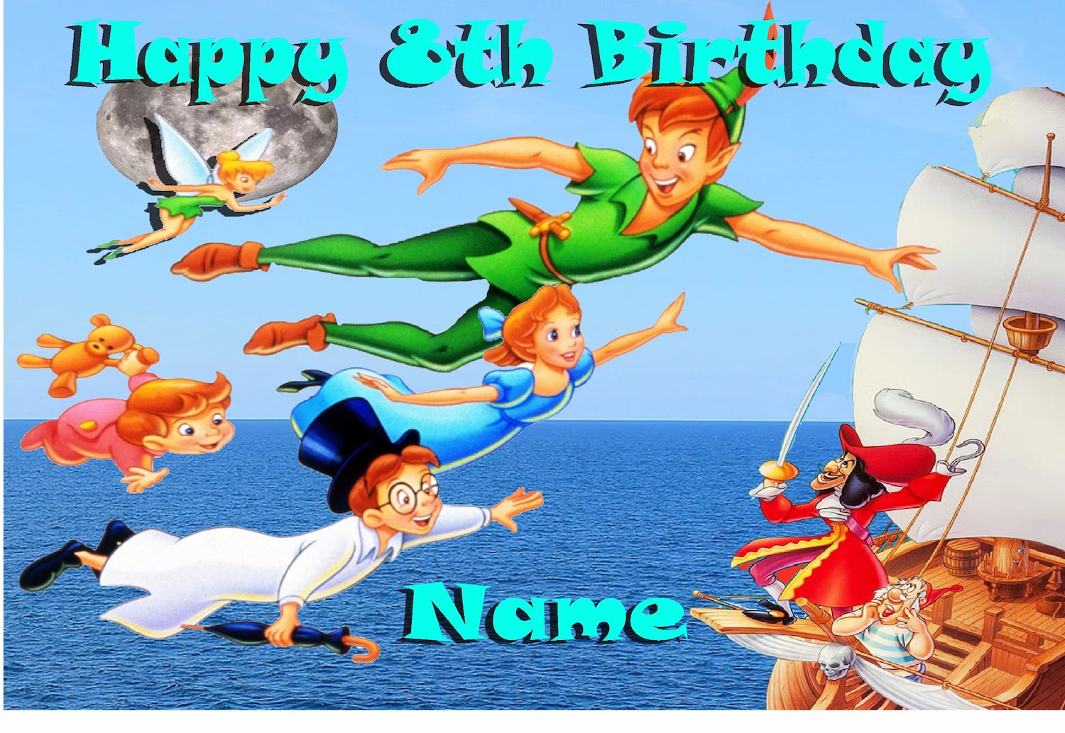 Personalized Edible Icing Images birthday cake topper with Peter Pan and Wendy cartoon characters and 'Happy Birthday' and name