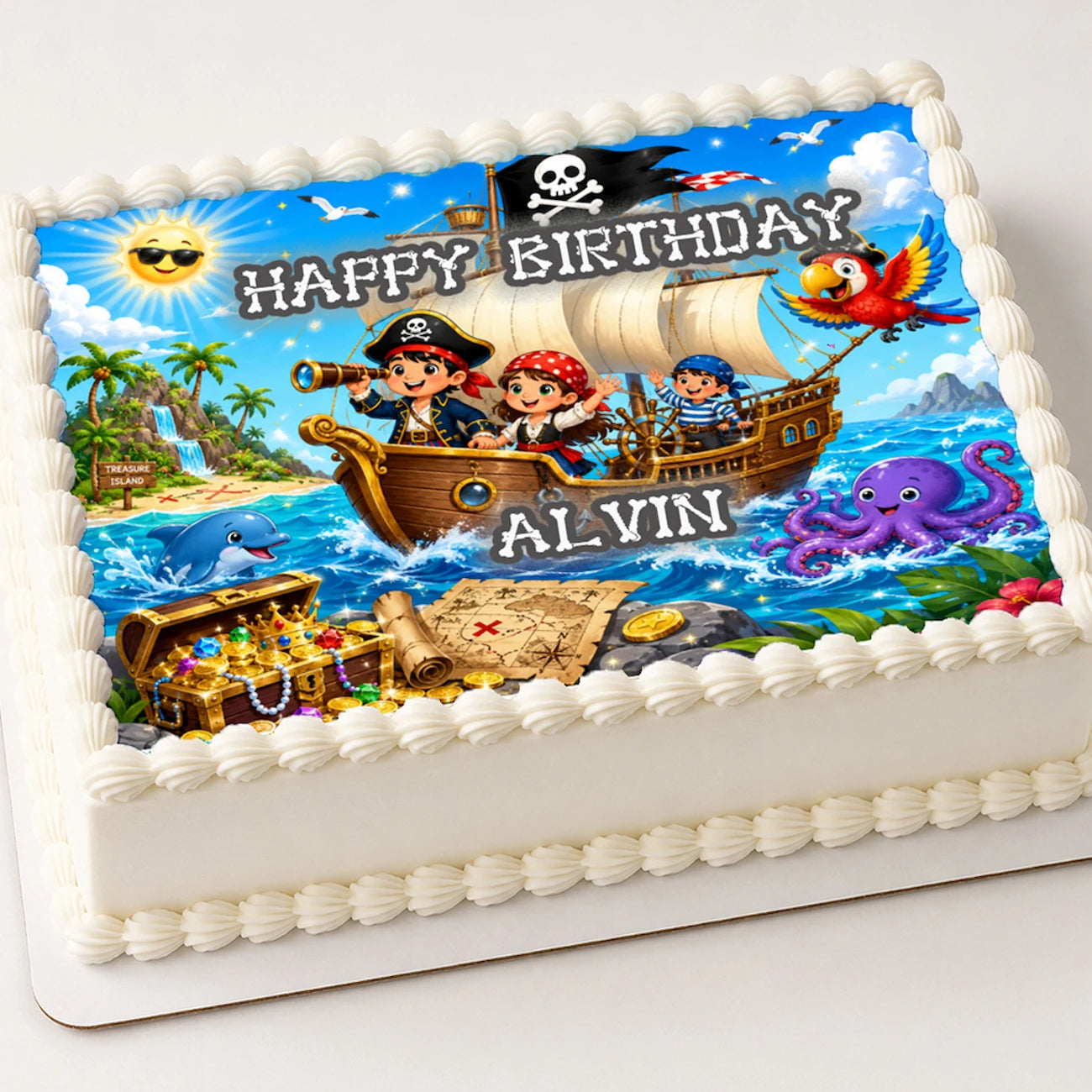 Pirate Treasure Birthday Adventure Edible Image Cake Topper- 1/4 Icing Sheet - RA Pape