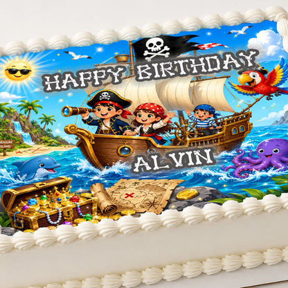 Pirate Treasure Birthday Adventure Edible Image Cake Topper- 1/4 Icing Sheet  Easy to use
