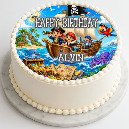 Pirate Treasure Birthday Adventure Edible Image Cake Topper - Precut 8" Icing Sheet