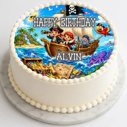 Pirate Treasure Birthday Adventure Edible Image Cake Topper - Precut 8" Icing Sheet