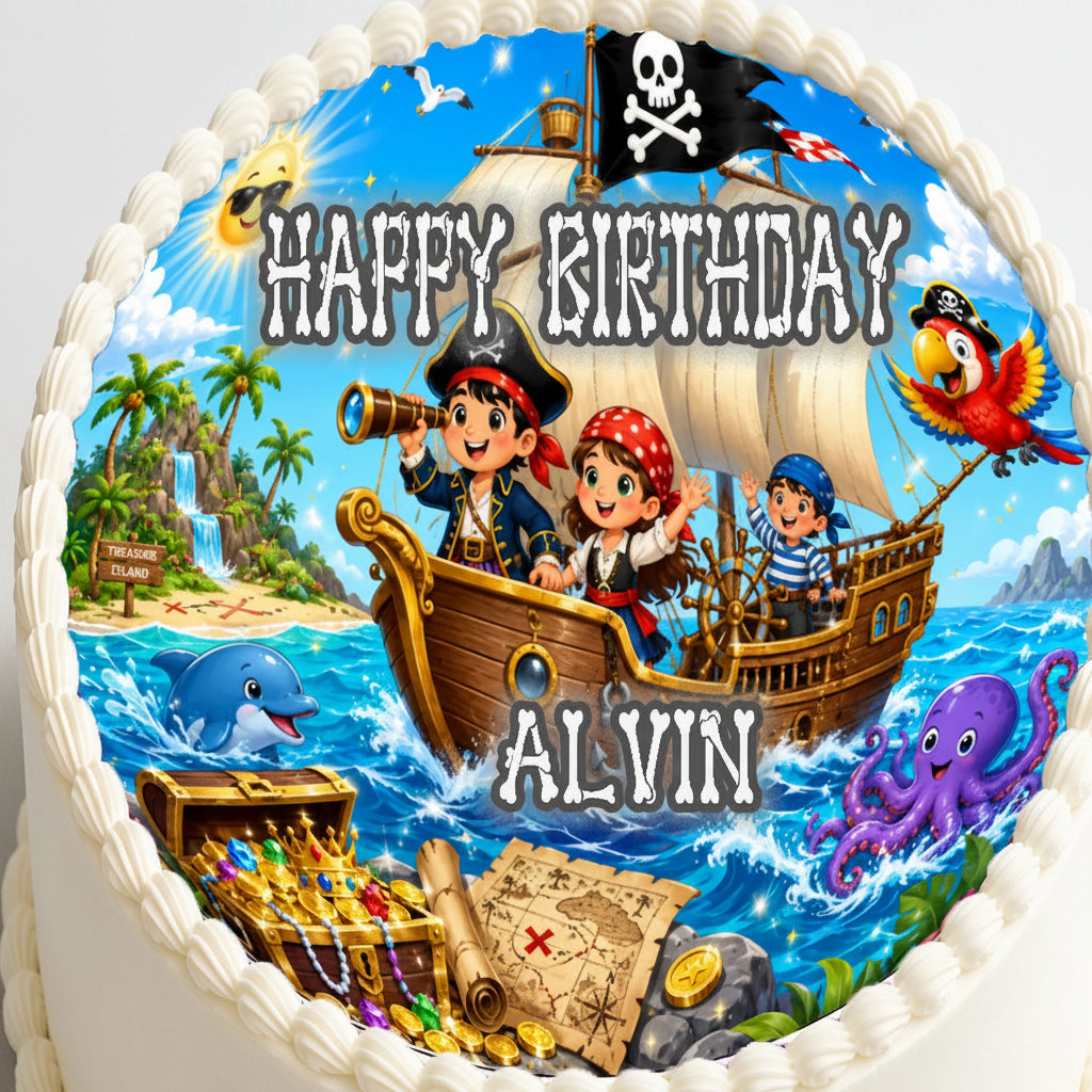 Pirate Treasure Birthday Adventure Edible Image Cake Topper - Precut 8" Icing Sheet Easy to use