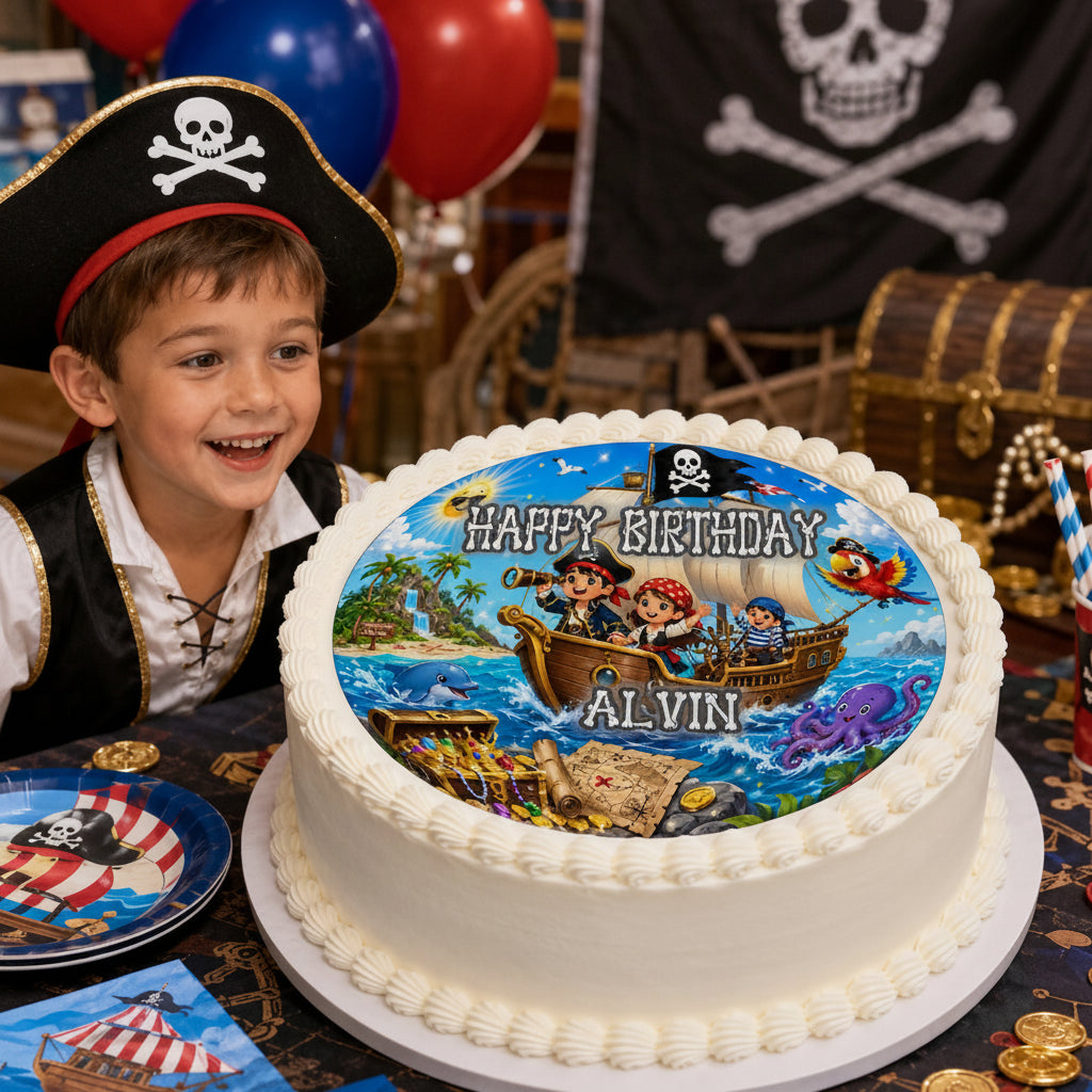 Pirate Treasure Birthday Adventure Party Edible Image Cake Topper - Precut 8" Icing Sheet