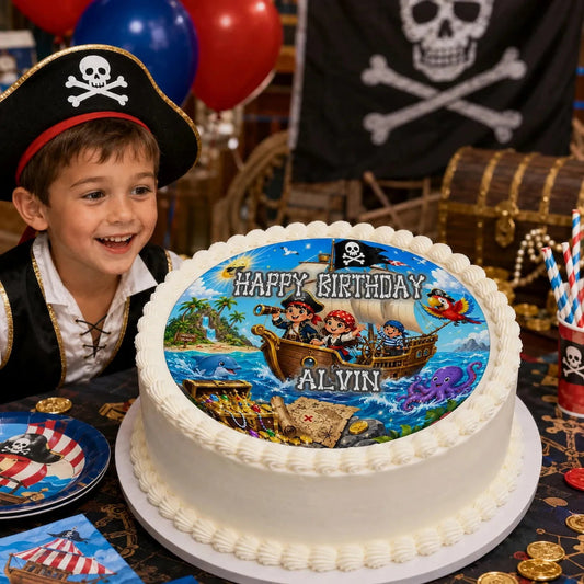 Pirate Treasure Birthday Adventure Edible Image Cake Topper - Precut 8" Icing Sheet