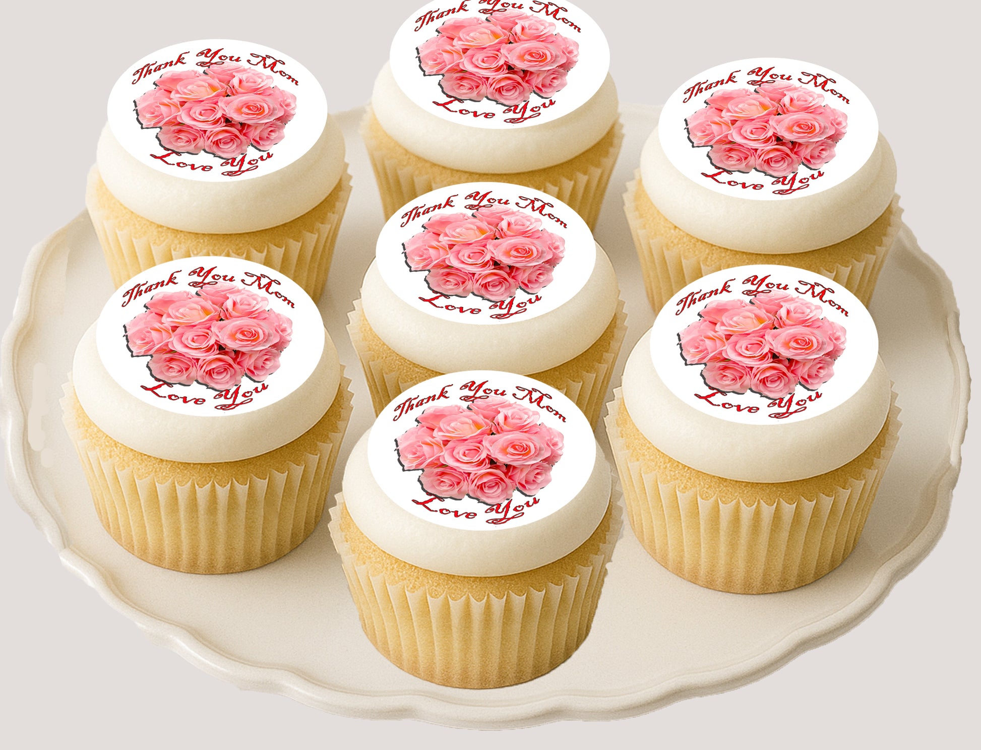 Plate of Mother's Day Peach Rose Bouquet Edible Image Cupcake Toppers