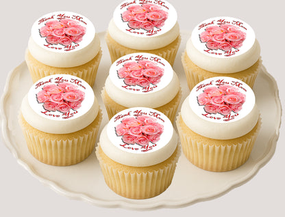 Plate of Mother's Day Peach Rose Bouquet Edible Image Cupcake Toppers
