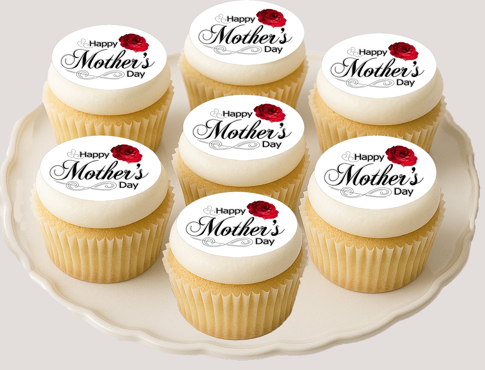 Plate of Mother's Day Red Rose Edible Image Cupcake Toppers
