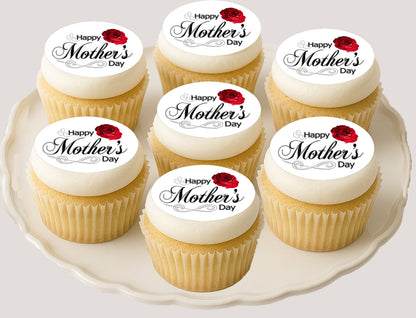 Plate of Mother's Day Red Rose Edible Image Cupcake Toppers