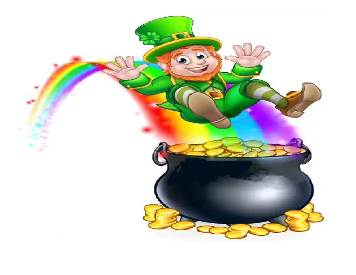 Cartoon leprechaun with pot of gold and rainbow on a edible icing image cake topper.