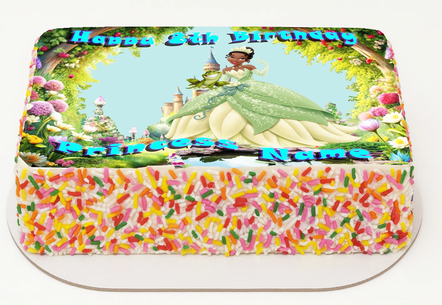 Edible Icing Images Sheet Cake Topper with Princess And Frog-themed decoration featuring text personalized with name and age