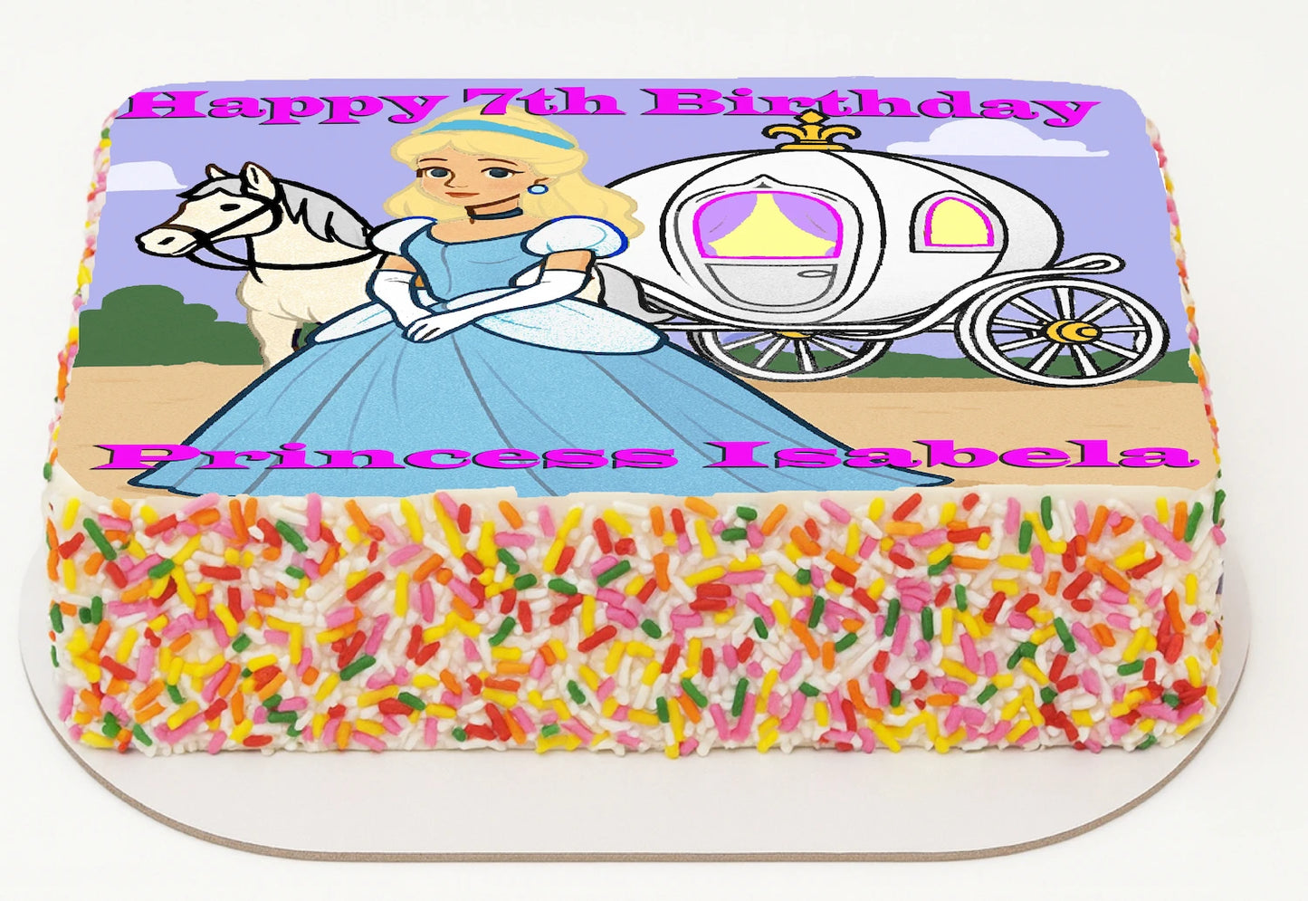 Edible Icing Images Sheet Cake Topper with Princess Cinderella-themed decoration featuring text personalized with name and age