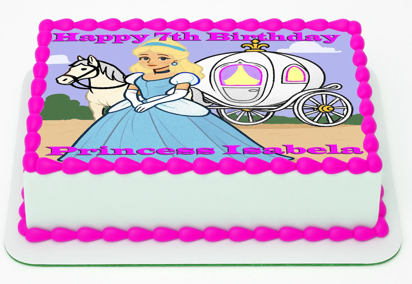 Edible Icing Images Sheet Cake Topper with 'Happy Birthday & Name' Personalized text and Princess Cinderella-themed characters.