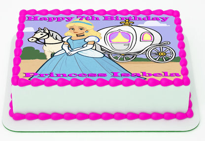 Edible Icing Images Sheet Cake Topper with 'Happy Birthday & Name' Personalized text and Princess Cinderella-themed characters.