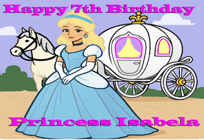 Personalized Edible Icing Images birthday cake topper with Princess Cinderella cartoon characters and 'Happy Birthday' and name