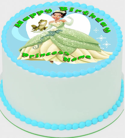 Birthday cake with Princess and Froga-themed Edible Image Cake topper and 'Happy Birthday' with Customized Name