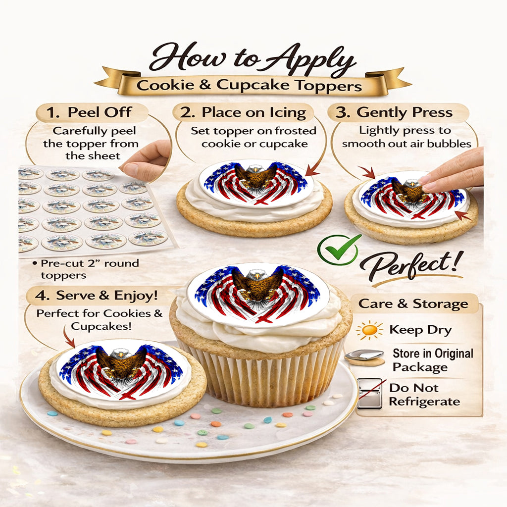 RA Pape Instructions on how to apply cookie and cupcake toppers with a focus on a patriotic design.