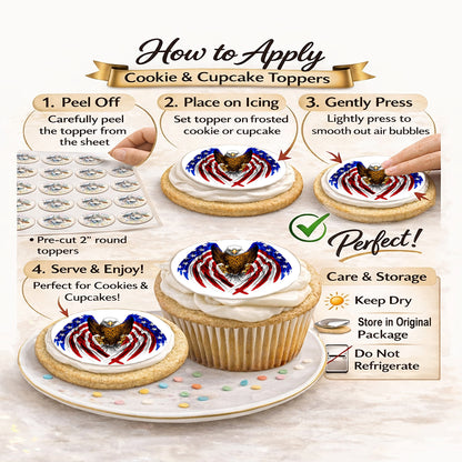 RA Pape Instructions on how to apply cookie and cupcake toppers with a focus on a patriotic design.