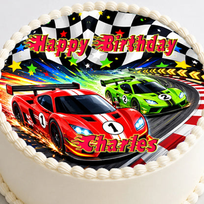 Race-car Edible Image Cake Topper Birthday Finish Line - precut 8" Icing Sheet - RA Pape easy to use