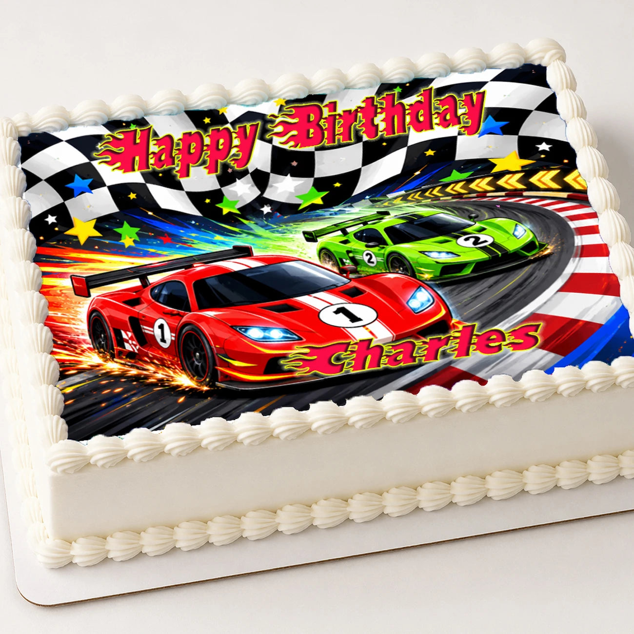 Race Car Edible Image Cake Topper Birthday Fiinish Line - 1/4 Icing Sheet - RA Pape