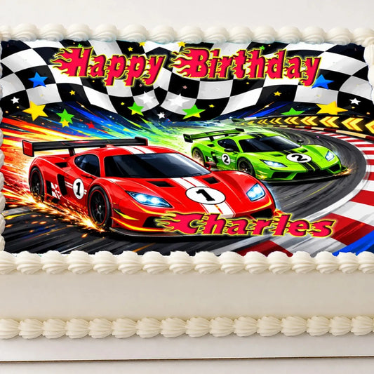 Race Car Birthday Edible Image Cake Topper - 1/4 Icing Sheet