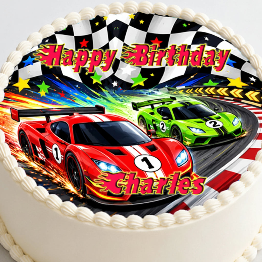 Race-car Edible Image Cake Topper Birthday Finish Line - precut 8" Icing Sheet - RA Pape easy to use