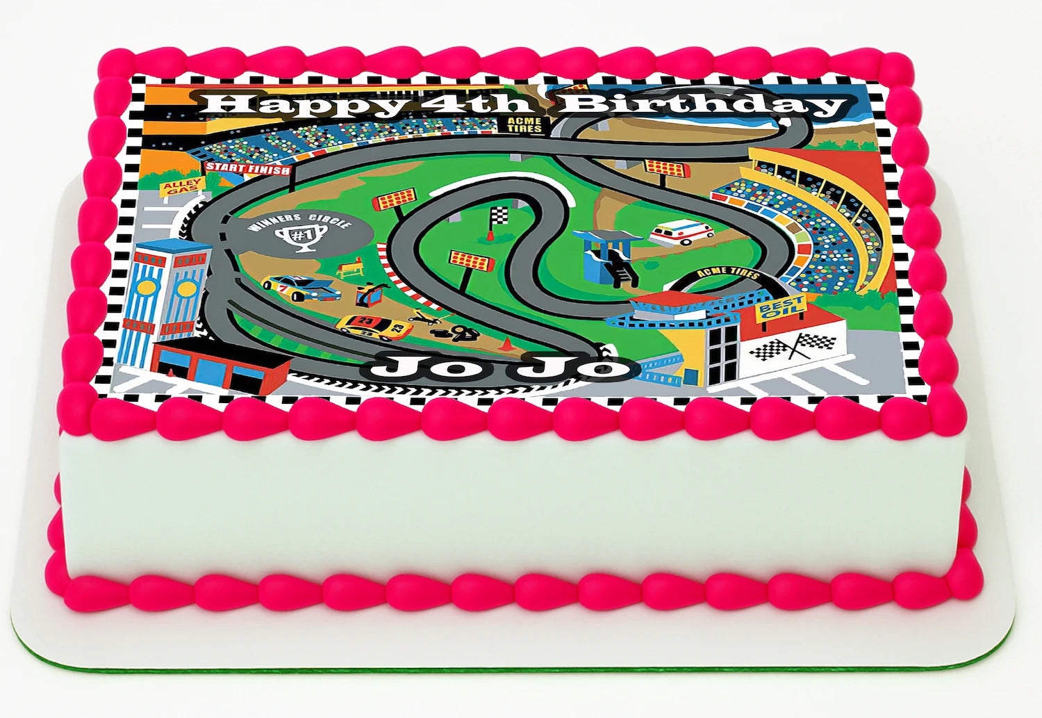Custom Edible Cake Topper –  Race Track Birthday Design – 1/4 Sheet Cake (9x13) – Precut Icing Sheet – RA Pape