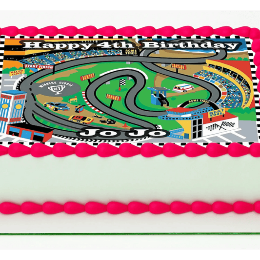 Race Track Birthday Edible Image Cake Topper – 1/4 Icing Sheet – RA Pape